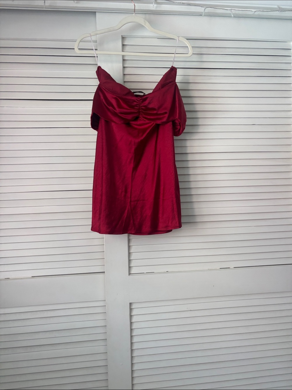 Off-Shoulder Satin Mini Dress in Wine Red